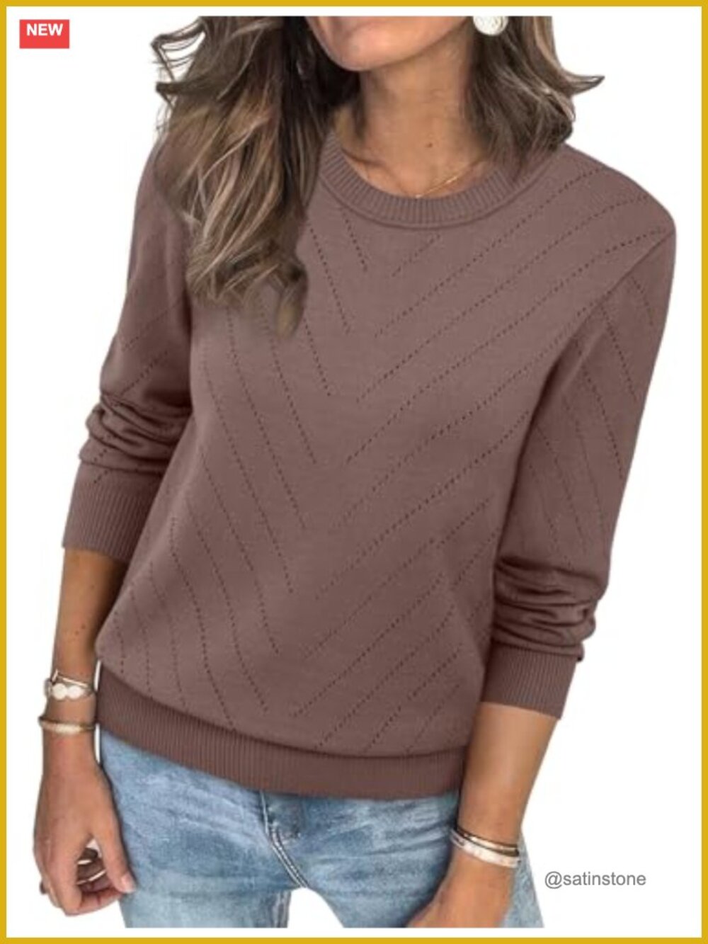 Crew Neck Long Sleeve Eyelet Knit Pullover Sweater Cozy Casual